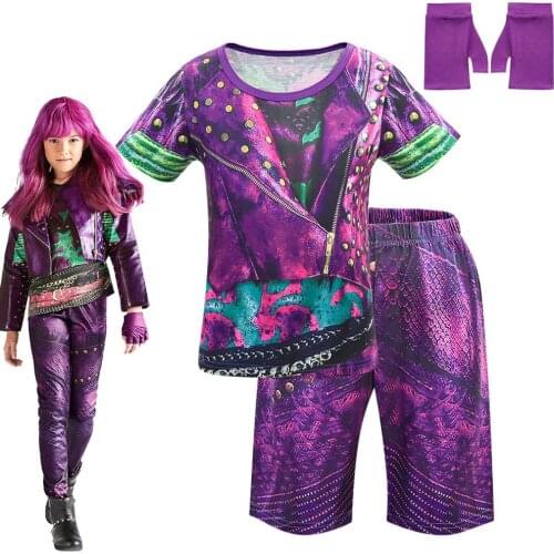 2020 New Anilnc Descendants 3 T-shirt Set Evie Child Cosplay T-shirt Shorts Gloves Children Halloween Dark Purple Set