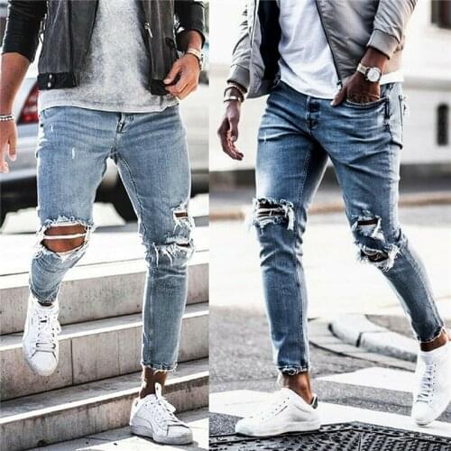 New Fashion Men Ripped Skinny Harem Jeans Destroyed Frayed Holes Biker Slim Fit Blue Jeans Hoome Men Elastic Denim Long Trousers