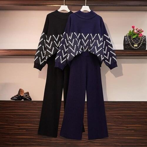 Autumn and Winter Plus Size Womens Autumn and Winter Age Reduction Suits Two-piece Knitted Wide-leg Pants for Women