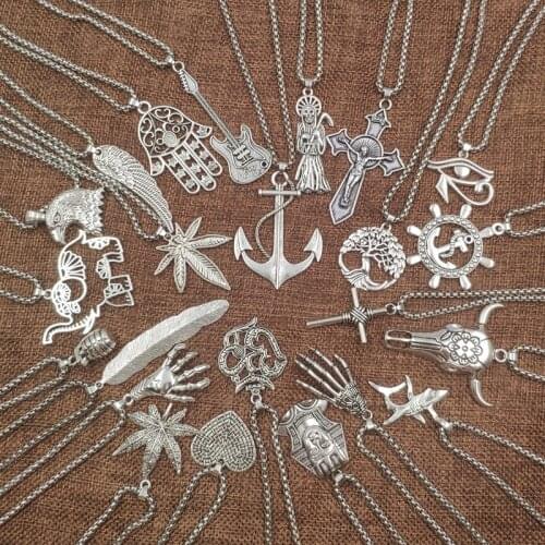 23 Styles Hiphop Necklace Cool Tree Guita Leaf Anchor Claw Cross Punk Pendant Retro Long Necklace Male Men Gift AK001-023