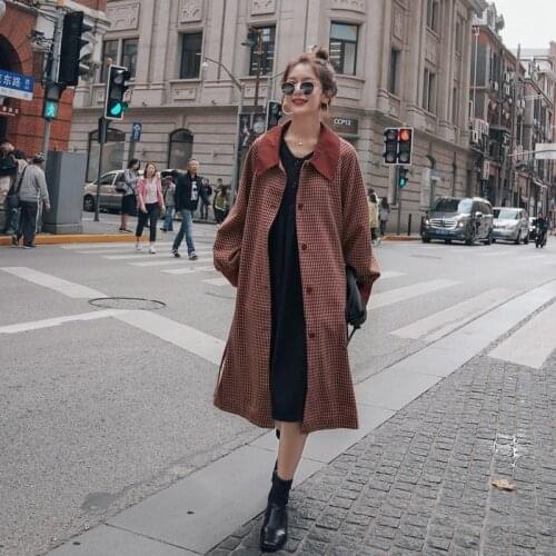 Womens Thousand Birds Plaid Trench Coat Long 2021 Spring Autumn New Korean Loose Lapel Single-breasted Straight Fashion Coat 1