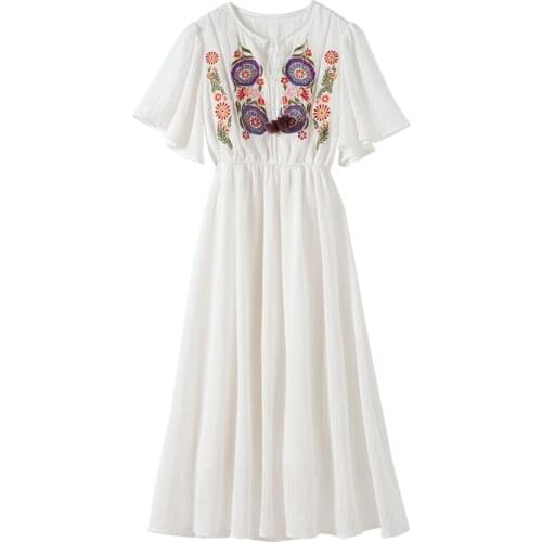 PERHAPS U White O-neck Bow Floral Embroidery Indie Folk Dress Flare Short Sleeve Empire Beach Summer Holiday Midi Dress D2439