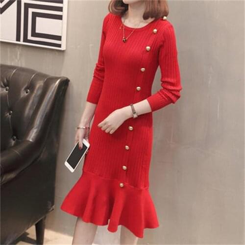 Women dress Autumn New slim fishtail hem round neck beaded elegant stretch long sleeve over knee knit dress women
