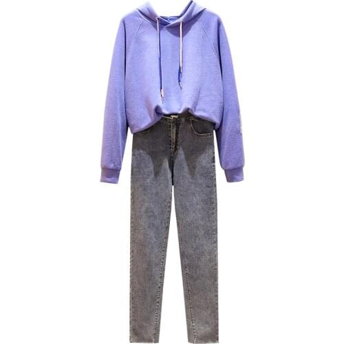 Plus Size Womens Spring 2021 Female Sportswear Jeans + Knitted Top Suit 2 Pieces Sets Casual Hoodies Sweatshirt+Pants Suits