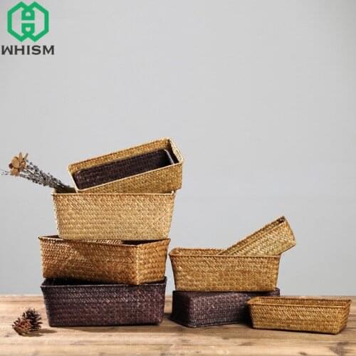 Hand Woven Storage Basket Bread Fruit Snack Bathroom Tool Clothes Cosmetic Storage Baskets Rectangular Storage Container S/M/L