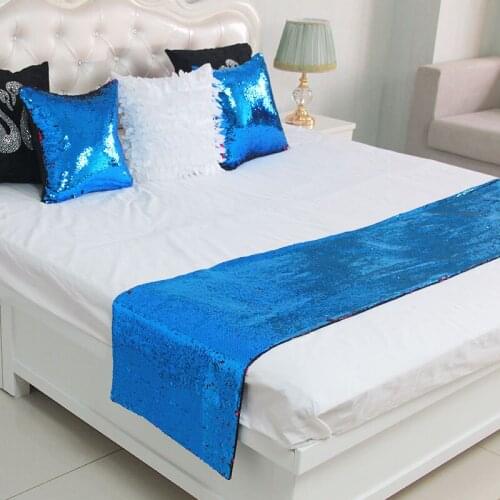 Veemi Luxury Style Bedspread Blue and Rose Red Double Faced Sequins Bed Runner Bedding Queen King Bed Cover Towel Protector