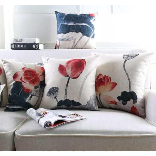 China Style Vintage Lotus Flower Print Cushion Cover Home Decor Pillow Case Cojines Decorativos Para Sofa Pillow Cover Almofada