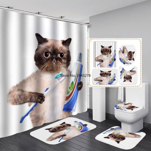 3D Cute Brushing Cat Printed Waterproof Shower Curtain Anti-skid Bath Rugs Carpet Toilet Lid Cover Bath Mat Bathroom Decor