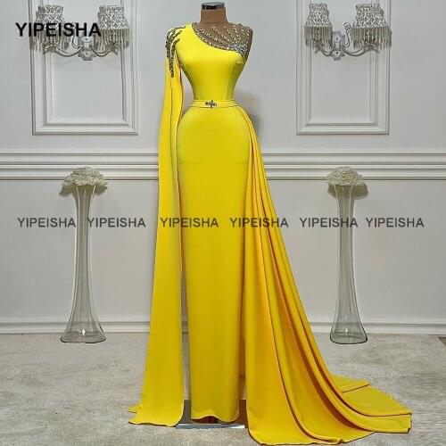 Yipeisha Asymmetric Yellow Prom Dress Luxury Crystal Jewel Mermaid Evening Party Gown Formal Pageant Dress Plus Size Robe de Bal
