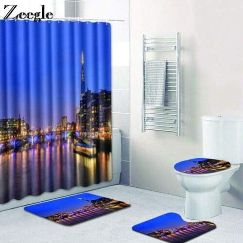 Zeegle 4Pcs Bath Mat Set Shower Curtain Absorption Toilet Pedestal Rug Foot Mat Soft Toilet Seat Cover Mat Flannel Toilet Set