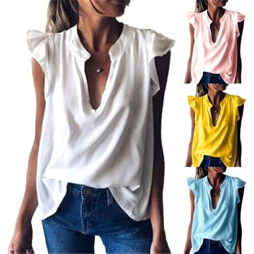 Womens t-shirt Harajuku love Fashion Solid Color V Neck Short Ruffled Sleeve Loose T-shirt Top 2020 summer femme clothes