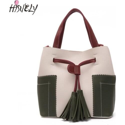 Hot Sale Simple Spliced Women PU Leather Handbags Tassel Fashion Designer Black Bucket Vintage Shoulder Bag Women Messenger Bag