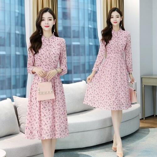 Women Midi Pink Chiffon Floral Dress Autumn Spring Runway 2020 Elegant Korean Dress Long Sleeve Boho Fairy Casual Party Dresses