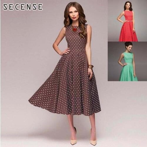 Vintage Dress With Big Hem o Neck Dot Red Tank Top Dress For Lady Summer Elegant Women Clothing SECENSE