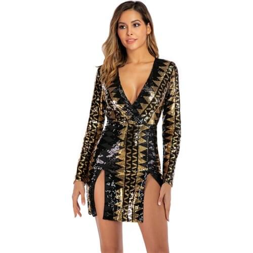 Ziamonga Sequins Long Sleeve Bodycon Dress Women Dresses Double Split V Neck Chic Glitter Elegant Dress Sexy Club Party Vestidos