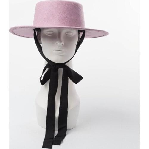 01810-HH8139 winter warm % wool Catwalk model solid long ribbon leisure lady fedoras cap women warm outdoor hat