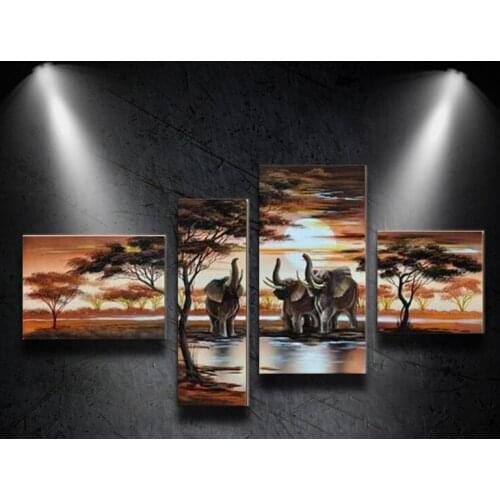 100%Hand Painted Modern Forest Landscape Animal Elephant Abstract Oil Painting on the Canvas Art Wall Home Decoration 4pcs/set