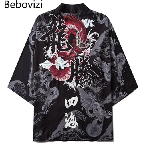 Bebovizi Dragon Print Yukata Men Women Fashion Cardigan Loose Blouse Haori Obi Asian Clothes Harajuku Japanese Cosplay Kimono