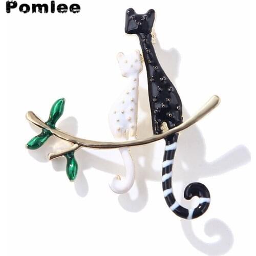 Pomlee 2 Cats Brooch Enamel Pin Carton Animal Kitty Brooches For Women Kids Pin 2 Colors Choose Summer Jewelry Good Gift