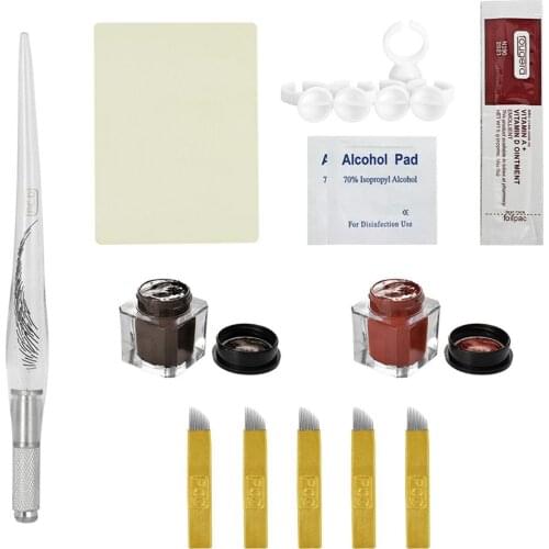 Eyebrow Permanent Tattoo Kit Pen Needle Pigment Ink Practise Skin Tool Ring Cup