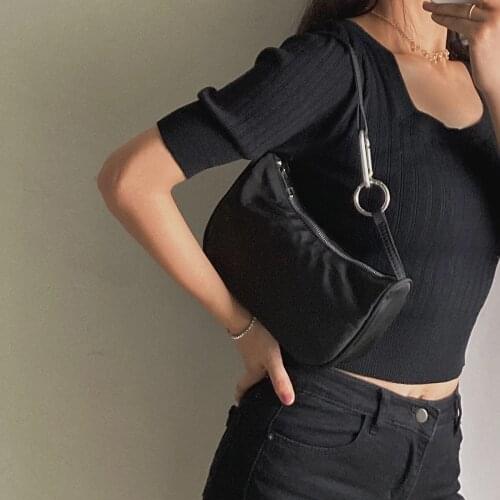 Black Casual Women Armpit Shoulder Bags Fashion Chain Ladies Nylon Underarm Bag Retro Cool Girls Baguette Handbags Clutch Purse