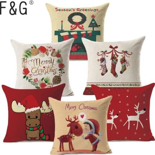 Christmas Tree Deer Pattern Cotton Linen Throw Pillow Cushion Cover Car Home Sofa Decorative Pillowcase