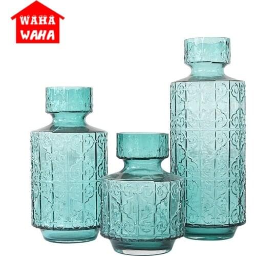 Europe Brief Transparent Blue Embossed Glass Flower Vase Hydroponics Flower Room Study Hallway Home Wedding Table Decoration