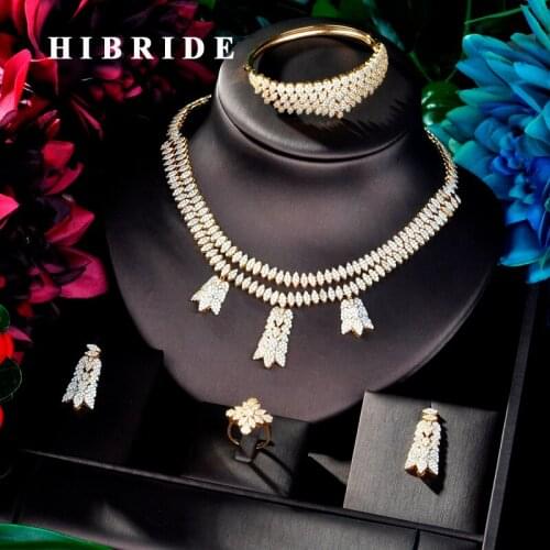 HIBRIDE Unique Design Double Layer Cubic Zircon Women 4 pcs Jewelry Set Dress Necklace Earring Jewelry Set For Party Gits N-876