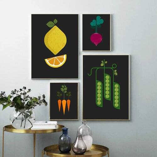 Retro 1960s Illustration Food Poster Peas Carrot lemon Kitchen Art Painting Kitchen Home Decoration Wall Picture For Dining Room