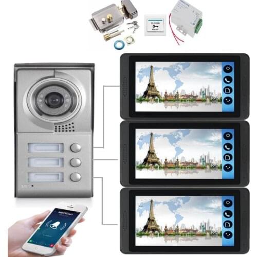 IOS/Android WiFi Wired Video Door 7" Apartment Video Intercom Doorbell System IR Camera Touch Key For 3 Families