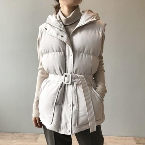 2021 New Cotton Vest Women Winter Korean Loose Hooded Warm Waistcoat Female with Belt