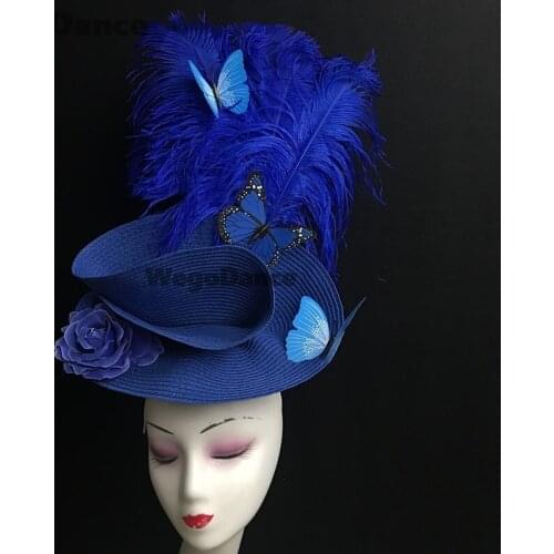 New Women Catwalk Model Show Blue Feather Butterfly Tassel Headband Headdress