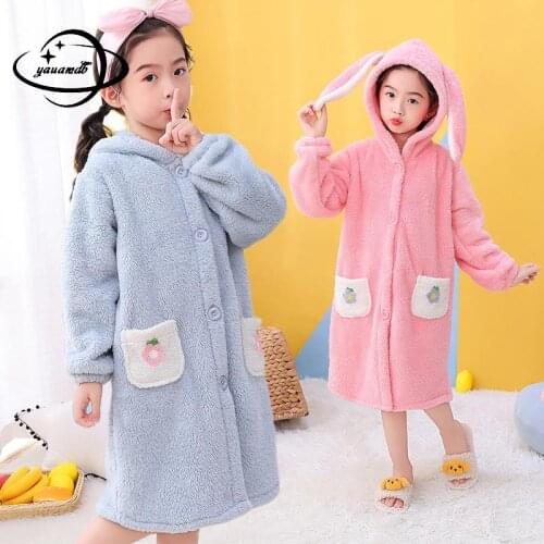 5-13y Kids Nightgowns Autumn Winter Girls Sleepwear Long Sleeve Knee-Length Hooded Flannel Children Nightdress Clothes Hy46