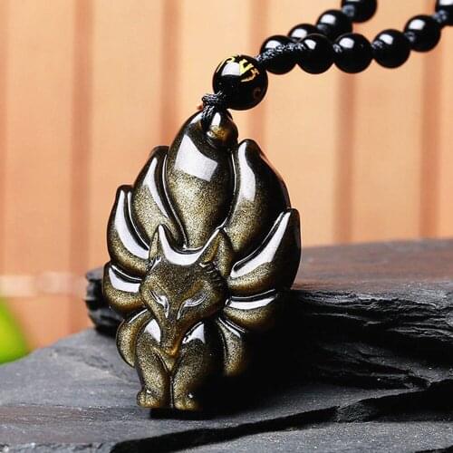 Nine-Tailed Fox Pendant Necklace Natural Rainbow Eye Obsidian Lucky Animal Fox Fairy Amulet Men Women Jewelry Pendant With Chian