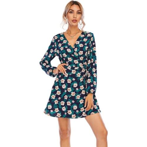 Women Dresses Autumn Spring Sexy V Neck Floral Print Boho Beach Dress Long Sleeve Casual Mini Dress Wrap Dress Robe