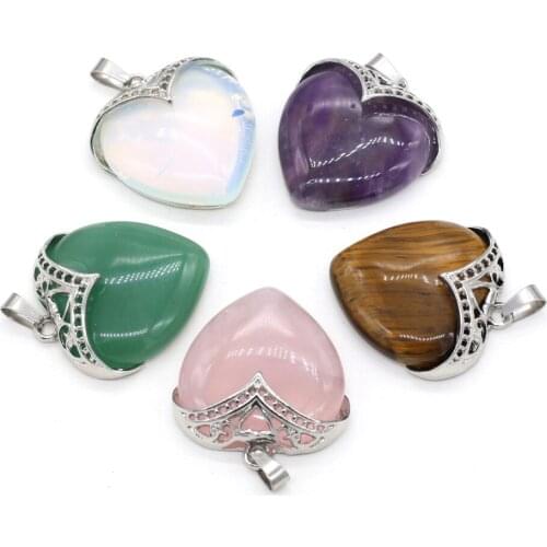 Natural Semi-precious Stone Pendants Charms Heart Shape Amethysts Pendant for DIY Necklace Jewelry Making Findings Gift 32x35mm