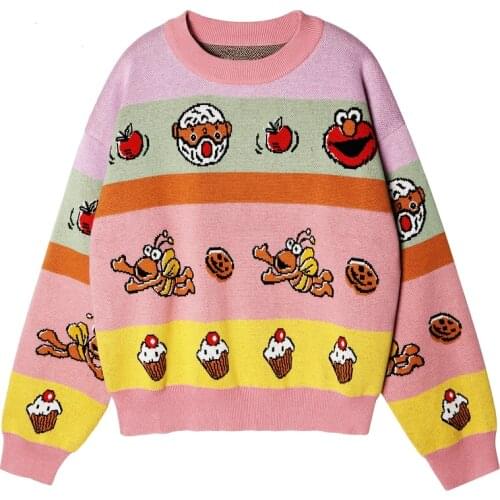 High Quality Womens Winter Warm Thick Sweater Striped Cartoon Color Matching Cotton Ladies Sweater Knit Jumper Designer