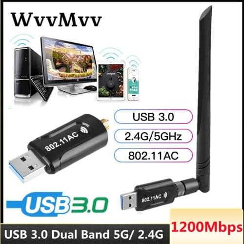 WVVMVV 1200Mbps WLAN Card WiFi Receiver USB 3.0 Dual Band 5G/ 2.4G 5dBi Antenna WIFI Key USB Adapter for Windows/ Mac OS