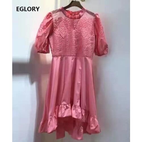 Hollow Out Embroidery Dress 2021 Spring Summer Style Women Ruffle Deco Short Sleeve Mid-Calf White Pink Sexy Asymmetrical Dress