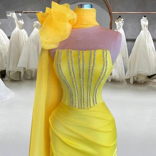Elegant Yellow Satin Long Mermaid Evening Dresses 2021 Sparkly Sequins Plus Size Pageant Prom Party Gowns Robe De Soiree