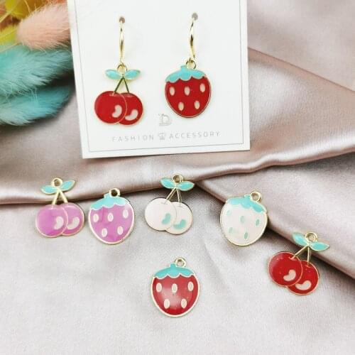 10pcs Fruit Cherry Stawberry Enamel Golden Bas Metal Charms Earring Bracelet DIY Necklace Jewelry Making e