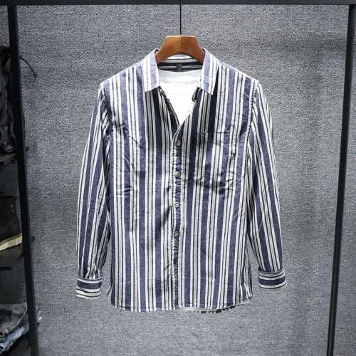 2020 new Autumn fashion handsome long sleeve versatile loose casual shirt striped mens Japanese style Top youth shirts 0521