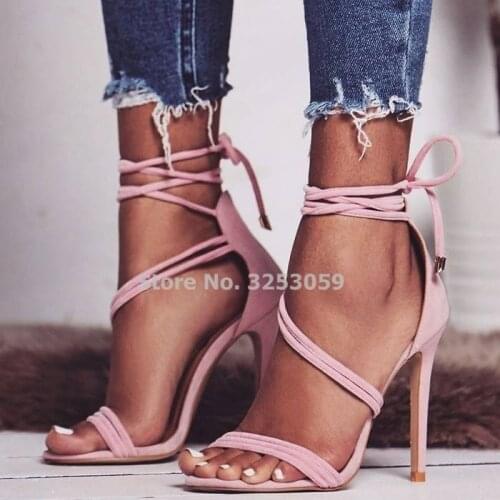 ALMUDENA Young Girls Elegant Pink Black Suede Thin Strappy High Heel Sandals Lace-up Concise Party Shoes Coved Heels Dress Pump