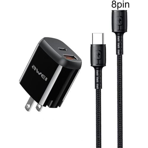 AWEI PD3 Dual-port Fast Charging US Plug PD 20W QC3.0 USB Phone Charger with Data Cable for Apple