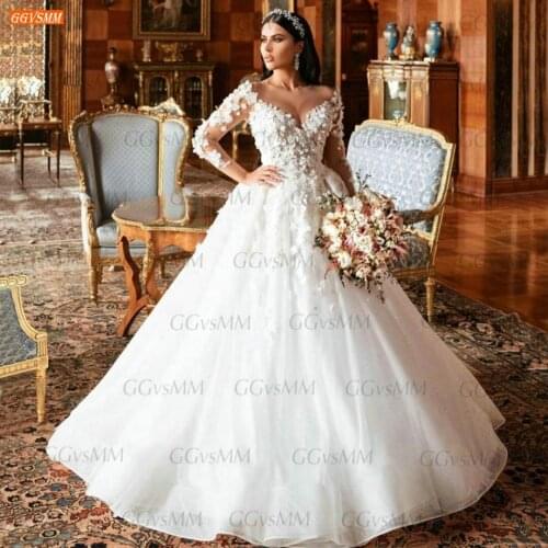White O Neck Wedding Dresses 2021 Long Sleeves vestido de noiva Lace Appliqus Sexy Bridal Gowns Custom Made vestido de casamento