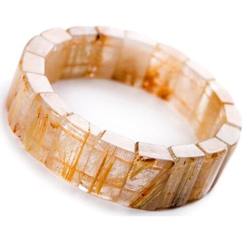 Genuine Natural Titanium Gold Rutilated Quartz Bracelets For Women Men Stretch Rectangle Bead Crystal Bangle Bracelet