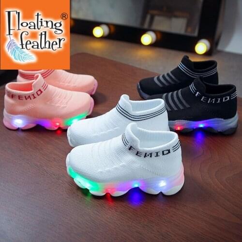 Kids Sneakers Children Baby Girls Boys Letter Mesh Led Luminous Socks Sport Run Sneakers Shoes Sapato Infantil Light Up Shoes