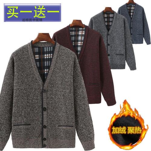 Mens middle-aged and velvet padded cardigan Dad sweater Middle-aged V-neck loose sweater cardigan