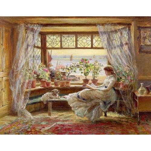 JMINE Div 5D Reading book Girl Window Flower Full Diamond Painting cross stitch kits art Portrait 3D paint by diamonds