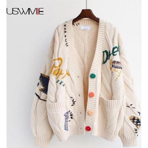 Cardigan Women Autumn Winter Outwear Lazy Sweater Embroidery Long Sleeve V-neck Single-breasted Warm Fashion Loose Lady Coat